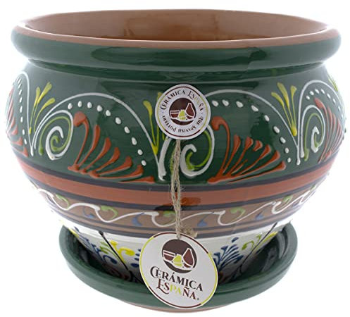 CERÁMICA ESPAÑA | Macetas de Barro Rojo | Macetas Decorativas | Macetas de cerámica | Macetas Exterior | Maceta Coco - Modelo D14 | Decoración 100% Hecho a Mano | 26x26x21 cm | Plato Incluido