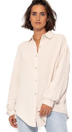 SASSYCLASSY Oversize Musselin Bluse Damen Langarm - Oversized Freizeit Look - Hemdbluse lang aus Baumwolle mit V Ausschnitt - Long-Bluse One Size (Gr. 36-48) Hellbeige