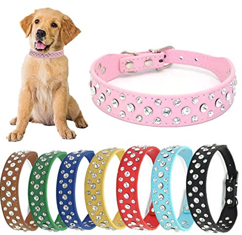 Strass-Hundehalsband, verstellbar, langlebig, PU-Leder, Kristall, Haustierhalsband, Diamant-Bling-Katzenhalsband, für kleine, mittelgroße und große Hunde, Rosa L