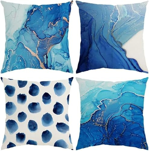 QUALKNOY Velvet Cushion Covers 45x45 cm Set of 4, Abstract Art Modern Decorative Navy Blue Throw Pillow Cases 18x18 inches for Living Room Sofa Garden Outdoor Courtyard Decor Pillowcases
