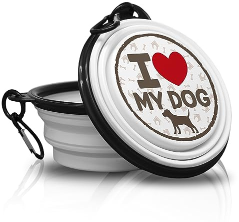 I Love My Dog - Schale, Schüssel. Falt, Tragbarer Trinknapf mit Karabiner für Unterwegs. Futternapf, Haustierschüssel. Reisenapf. Handlich und Einzigartig.