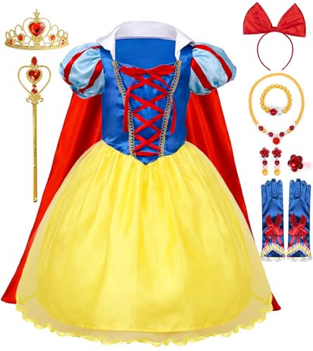 vamei Schneewittchen Kostüm Kinder Schneewittchen Kleid Mädchen mit Prinzessin Krone Zauberstab Ring Ohrringe Zubehör Prinzessin Kleid Mädchen für Karneval Geburtstag Mädchen2 3 4 5 6 7 8 9 10 Jahre