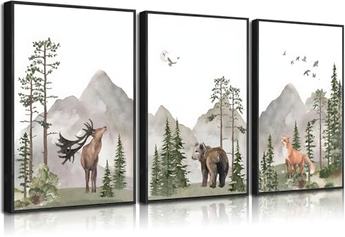 Woodland Wandkunst-Poster für Kinderzimmer, Wildtiere, Wald, Abenteuer-Thema, Aquarell, Hirsch, Bär, Fuchs, Bilder, Gemälde, Beige, Grün, Leinwanddrucke für Jungenzimmer, Mädchenzimmer, Set 8 x 61 cm,