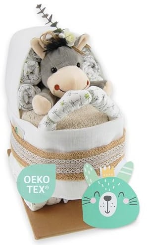 Windeltorte ® Kinderwagen mit Kuscheltier - Plüschtier - Geschenk zur Geburt - Babyparty - Baby - Babyshower - Pullerparty (Vintage/Jute/Boho)