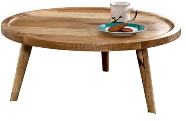 Solid Mango Wood Low Coffee Table Round Top with 3 Legs Center Table for Living Room Traditional Style Coffee Table