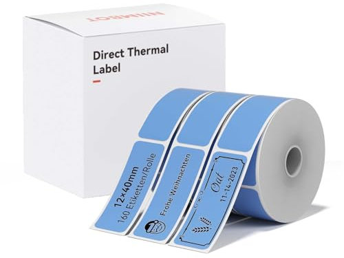 NIIMBOT Thermo Etiketten Selbstklebend, 12 x 40mm Etikettendrucker Thermopapier Kompatibel mit dem D110 D11 D101 Etikettendrucker, 160 Etiketten/Rolle (3-Rollen-Pack, Blau)