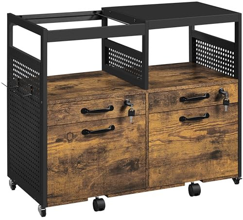 Yaheetech Caisson de Bureau à 4 tiroirs Meuble de Rangement avec 2 Compartiments Ouverts pour Format A4, Support pour Imprimante, Brun Rustique 82,5 × 40 × 69 cm