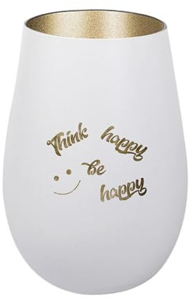 Der-Porzellan-Laden Windlicht mit Gravur Think Happy be Happy, Weiß Gold, Teelichthalter aus Glas mit Spruch, Tischdeko modern