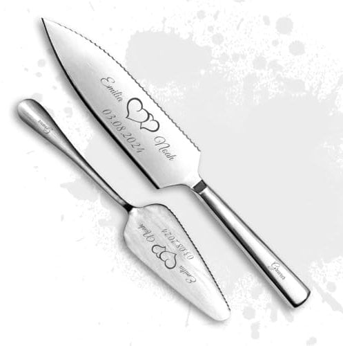 Generic Tortenmesser + Kuchenheber Set mit eigener Gravur/Hochzeit Motiv Herzen Geschenk Brautpaar Tortenheber (Herzen)