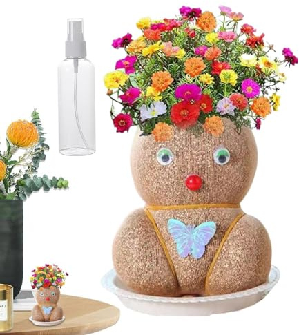 Wpsagek Grass Head Doll,3.94inch Bonsai Grass Head Plants Potted Craft - Educational Grass Head Doll With Trays & Spray Bottles, Decoration Supplies Grass Doll for Men Women Kids