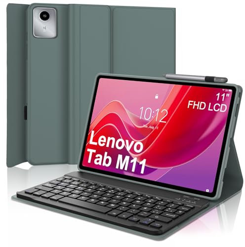 SENGBIRCH Funda con Teclado para Lenovo Tab M11 (2024) 11 (TB330FU / TB330XU) - Teclado Español Ñ Bluetooth Inalámbrico Extraíble para Tablet Lenovo TabM11 (2024) 11, Verde Oscuro