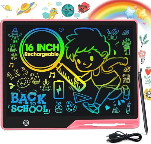 POPERFUN 16 Zoll LCD Schreibtafel Kinder Wiederaufladbar, Bunte Maltafel Zaubertafel, Schutz des Augenlichts Zeichenbrett für Kinder 2-12 Jahren Lernspielzeug Geburtstag