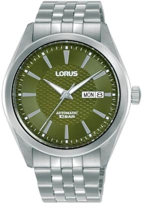 LORUS Herren Analog Automatik Uhr mit Edelstahl Armband,Silber/Grün