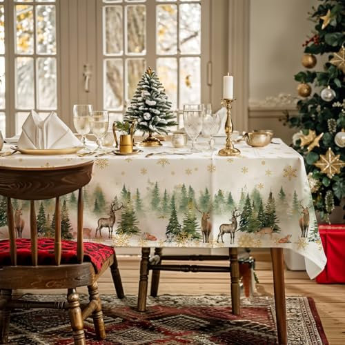 AIBIIN Weihnachtstischdecke, Winter, Wald, Goldener Schnee, Hirsch, wasserdichte Tischdecke, Feiertage, Tischdecke für Festival, Dinner-Party, 142 x 259 cm