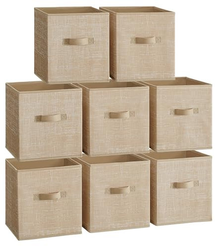 SONGMICS Cajas de Almacenaje, Juego de 8 Cajas de Almacenaje de 28 cm de Tela no Tejida, con Asas Dobles, Organizadores de Cubos, para Estantería, Plegables, para Ropa, Beige Arena ROB826K03