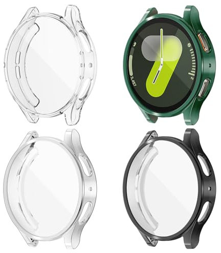 Yolovie Paquete de 4 fundas protectoras de pantalla compatibles con Samsung Galaxy Watch 7 de 1.732 pulgadas (versión 2024) de silicona Solf (transparente, plateado, negro y verde)