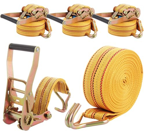 FWEEK 4 Sets Ratchet Tie Down Straps 5cm x 6m, 11000lb Break Strength, Heavy Duty Lashing Strap, Securing Straps with Handle and Metal J Hook for Trucks, Cars, Motorcycles – Yellow