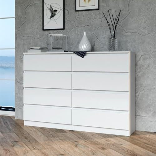 Home Collective Kommode, Schlafzimmer Flur, Schrank, Sideboard, Highboard mit 8 Schubladen, Breite 140 cm Höhe 97 | Weiß