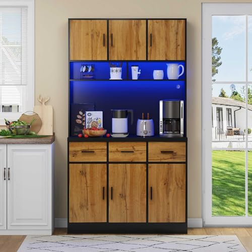 YEHTOKHOME Buffet de Cuisine, Armoire de Rangement Multifonctionnelle avec Éclairage LED et Tiroirs, Noir + Naturel
