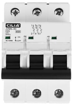 CILIA Interruttore magnetotermico, 3 moduli, attacco DIN (universale per qualsiasi centralino in commercio), poli 3P, potere di interruzione 6kA, tensione 400 Vac, curva C. (JVM9-63-3P-25A)