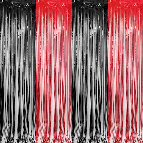 TOEECY 4 Pièces Rideau Métallique Brillant Rideau Tinsel Rideau Brillant Métallique de Frange Paillette Rideau Lamelles pour Anniversaire Fete Mariage Porte Fenêtre Décoration (Noir+Rouge)