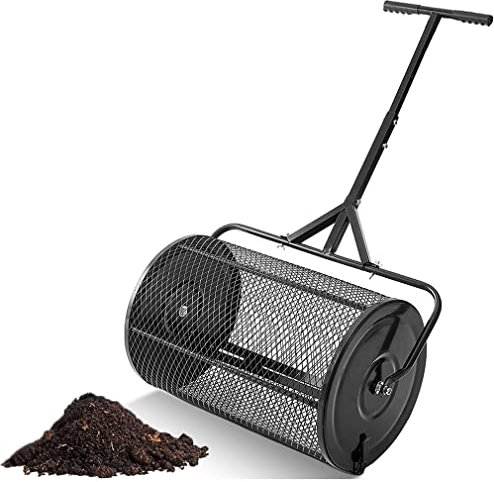 HSSMEUR Gartenstreuer, 24 Zoll Hochleistungs-Metallgitter-Rollenstreuer, Kompost, Torfmoos, Mutterboden, Mulchgarten, Kompoststreuer