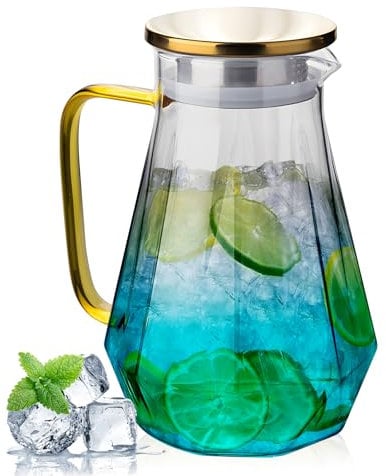 AstraLoom 2L Glass Water Jug with Gold Stainless Steel Lid & Handle | Diamond-Textured Design | Hot & Cold Beverage Jug for Juice, Milk, Coffee, Tea | Dishwasher Safe (Blue)
