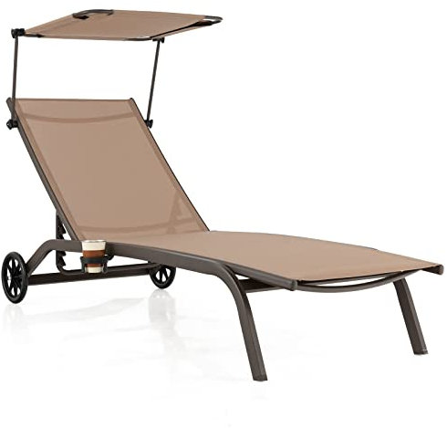 GIANTEX Sonnenliege, Gartenliege mit Rollen & Getränkehalter, Liegestuhl mit 6-Fach Verstellbarer Rückenlehne, belastbar bis 150kg, 191 x 61 cm (mit Sonnendach, Braun)