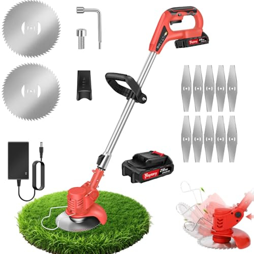 Akku-Rasentrimmer, 21V Akku-Trimmer Einstellbarer Kopfwinkel, 1500mAh Wiederaufladbare Batterie, Verstellbarer Griff 84-120cm, Elektrischer Rasentrimmer für Rasen Garten Beschneiden, Rot