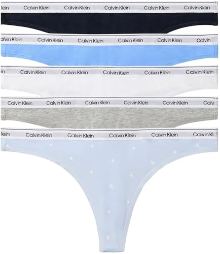 Calvin Klein Women Thong 5 PK Blue (Shoreline/Blue Descent/White/GRE) XL