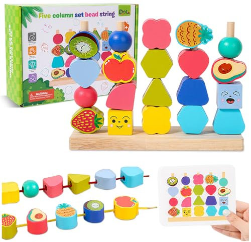 Montessori Spielzeug ab 3 4 5 6 Jahre, Holzspielzeug Fädelspiel Bausteinen Stapelspiel Feinmotorik Sortierspiel Lernspiele mit Karten, Pädagogisches Geschenk für Baby Jungen Mädchen Spielsachen