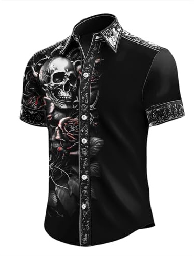 Halloween Hemd Herren Sommerhemd Entsetzen Totenkopf Bedruckte Bluse Revers Knopf Kurzarm T Shirt Gothic Blutspritzer Muster Oberteile Lustig Festival Outfit Freizeithemd Karneval Party Kostüm