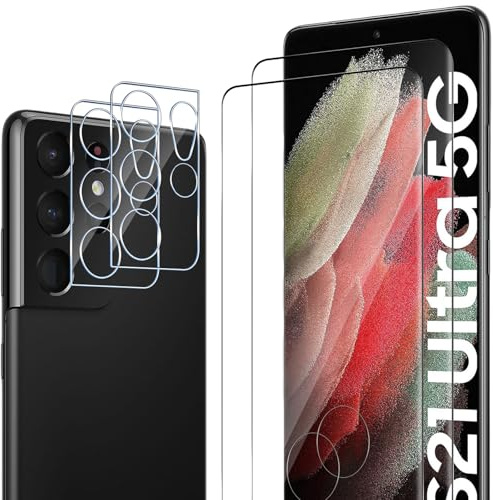 for Samsung Galaxy S21 Ultra 5G Screen Protector, 2+2 Pack Tempered Glass Premium 3D Curved Edge Guard Film & Camera Lens Protector, HD Clear 9H Hardness Full Coverage Bubble-Free Protective Film