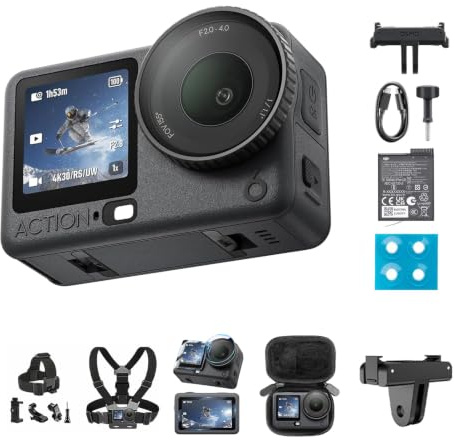 DJI Osmo Action 6 Essential Combo mit Mehrere Zubehörteile, Action-Cam 4K mit 1/1,1″-Quadratsensor, Variable Blende von f/2,0-f/4,0, kältebeständig, 4 Std. Akku