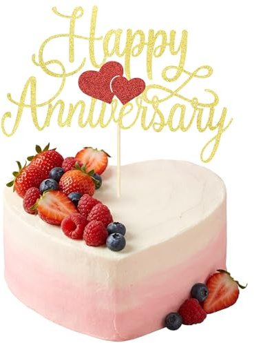 Happy Anniversary Cake Topper,Gold Red Glitter Heart Anniversary Cake Decoration,Perfect for Wedding Company Anniversarys Party Decoration