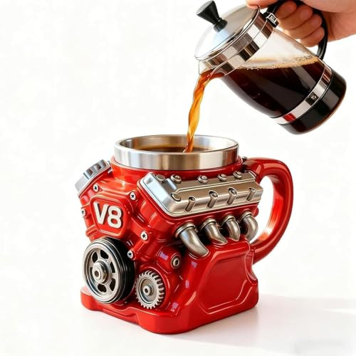 DSXVJHD V8 Engine Mug, Realistic 3D Stainless Steel Engine Coffee Mug, Novelty Car Mechanic Coffee Cup Gift for Men, Car Enthusiasts, Racing Fans, Red