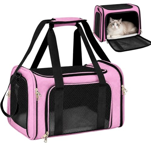 Transportlåda för katt, transportlådor för katter, vikbar bärbar katttransportlåda, lätt bärlåda upp till 8 kg, för små och medelstora katter, ventilerad (rosa, L 50 x B 34 x H 34 cm)