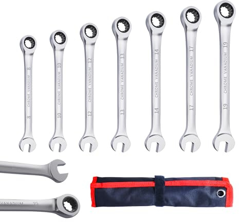 CCLIFE Ratschenschlüssel Set 7tlg 8-19 mm 72 Zähne 2-in-1 mit Tasche | 2-in-1 Ringratsche und Gabelschlüssel aus Cr-V, 72-Zahn-Mechanik, 8-19 mm mit Tasche für Auto Reparatur und Werkstatt