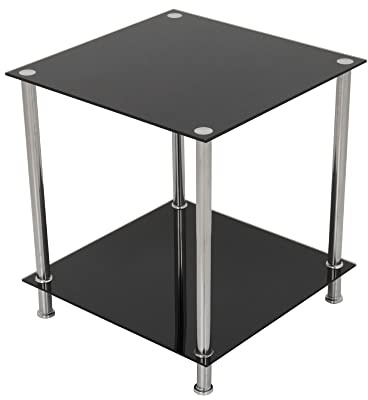 mahara Black Glass Side Table - Coffee Table - End Table - with glass shelf - Square, 45cm x 45cm, for Living Rooms, Lounges, Studies