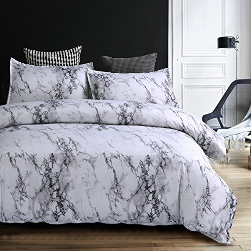 Bettwäsche Bettbezug Set 135x200cm Weiß Grau Marmor Muster Modern Style Mikrofaser Bettbezug mit Reißverschluss Schließung Bettwäsche-Set für Jungen und Mädchen