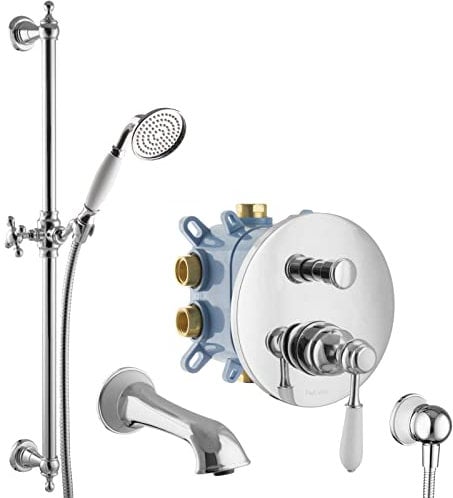 PaulGurkes Vintage Wannen Set Retro Nostalgie Unterputz Armatur Duschstange Landhausstil Keramik Wanneneinlauf Montage Box Wandanschlussbogen Brauseschlauch 160cm Duschschlauch 1,6m Einhandmischer