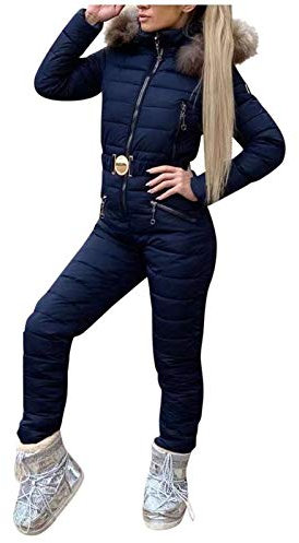 Lazzboy Skianzug Damen Schneeanzug Skioverall Skifahren Skianzüge Overall Jumpsuit Frauen Snowboard Skisuit Outdoor Sport Winter Warme Schnee Sätze Mit Kapuze (Marine,L)