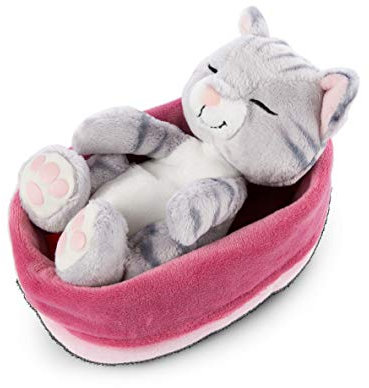NICI 47144 Kuscheltier pink-lilanem Körbchen 16 cm – Sleeping Kitties Plüschtier Mädchen, Jungen & Babys – Stofftier Katze zum Kuscheln, Spielen & Schlafen – Gemütliches Schmusetier, Grau