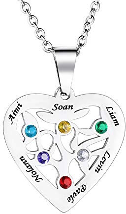 Personalised Silver Heart-Shaped Tree of Life Necklace Zircon Birthstone Pendant for Women/Mum/Grandma Engrave 2-7 Name Customised Necklace for Families/Friends/Girlfriend
