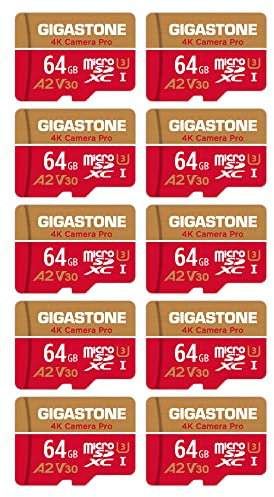GIGASTONE 64GB Micro SD Karte 10er-Pack + SD-Adapter, 4K Kamera Pro, kompatibel mit GoPro Drohne Switch, bis zu 95/35 MB/s, 4K UHD Videoaufnahmen, MicroSDXC Speicherkarte UHS-I A2 Klasse 10 U3 V30