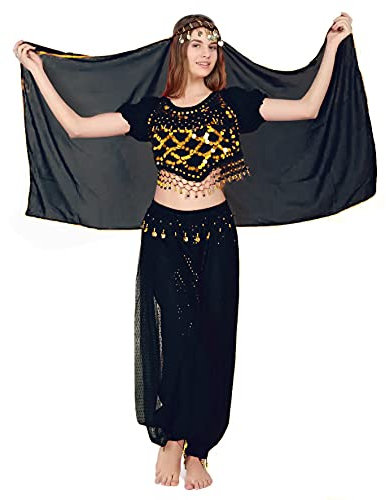 Carnavalife 3Pcs Mujeres Danza del Vientre, Ropa India Lentejuelas para Disfraz de Princesa, Conjunto de Bailando Top Pantalones de Linterna y Cadena de la Cabeza Barbijo (Negro)