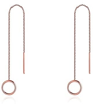 Minimalist Pull Through Earrings 925 Sterling Silver Rose Gold Plated For Women Mini Circle Drop Threader Tassel Long Chain Earrings