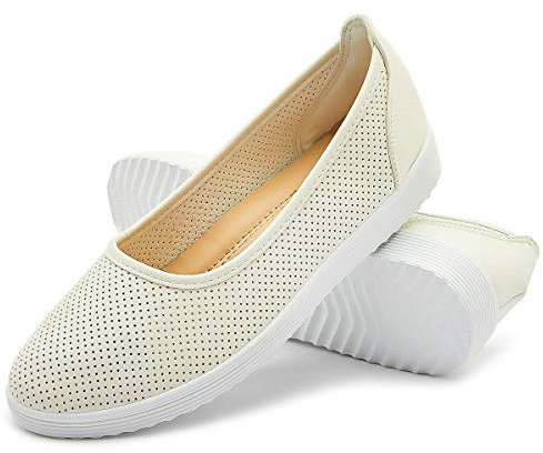 FRACORA Damen-Ballerinas, schwarz, PU-Leder, elegante Schuhe, bequeme runde Zehenpartie, Schlupfschuhe mit atmungsaktiven Ösen, Beige, 41 EU