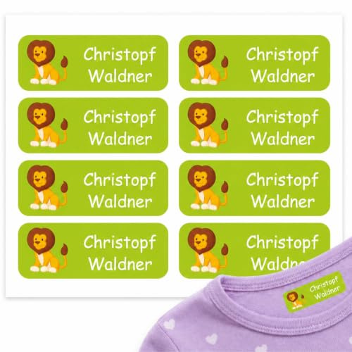 INDIGOS UG® 80 x Namensaufkleber Wäscheetiketten 35x10mm - Löwe - Bekleidung - für Kinder, Schule und Kindergarten - Textilien Etiketten individuell personalisiert
