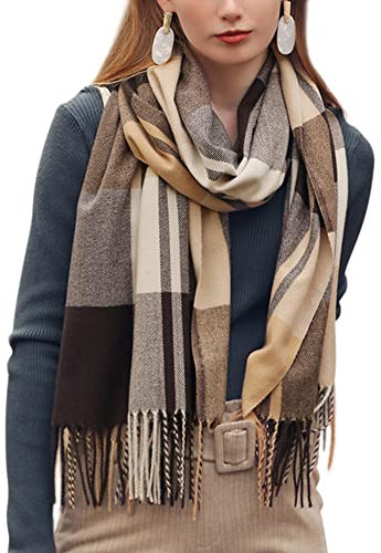 Camilife Damen Webschal Kaschmirimitat Schal Klassisch Großer Kariert Lange Schal Shawl Umhängetuch mit Fransen Elegant Damenschal Warm Weich Komfort für Herbst Winter 65×185cm - Braun Khaki